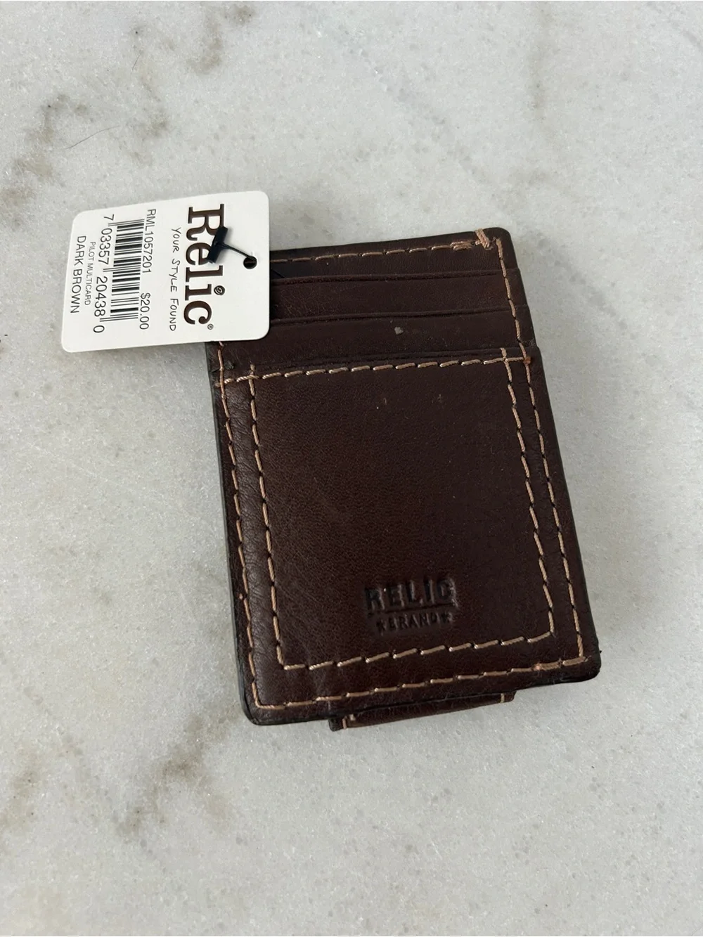 Relic Dark Brown Leather Slim Card Holder with Contrast Stitching
